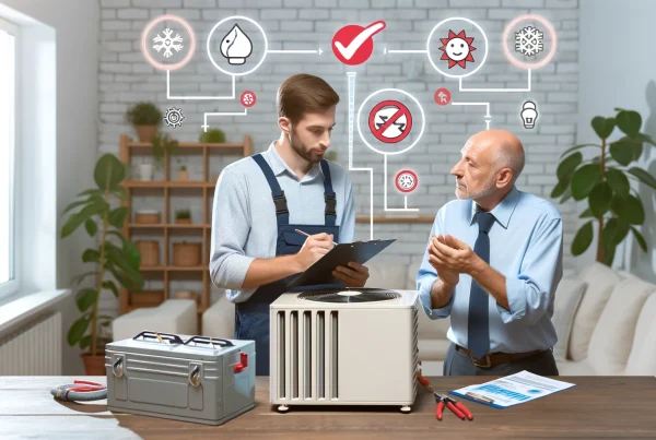 Un jeune installateur de pompe à chaleur discutant avec un client, avec des icônes de service flottantes au-dessus.