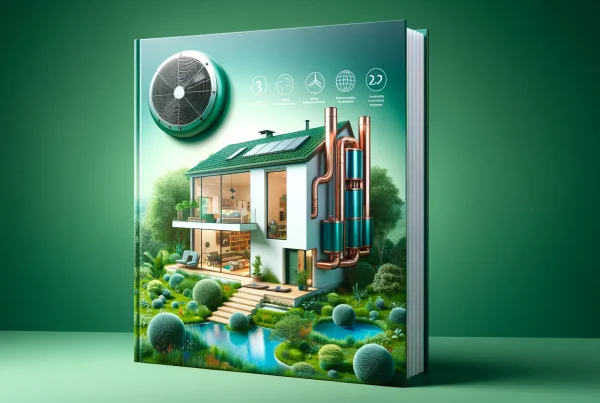 Maison moderne équipée d'une pompe à chaleur air-eau dans un paysage verdoyant, symbolisant l'innovation et le respect de l'environnement.