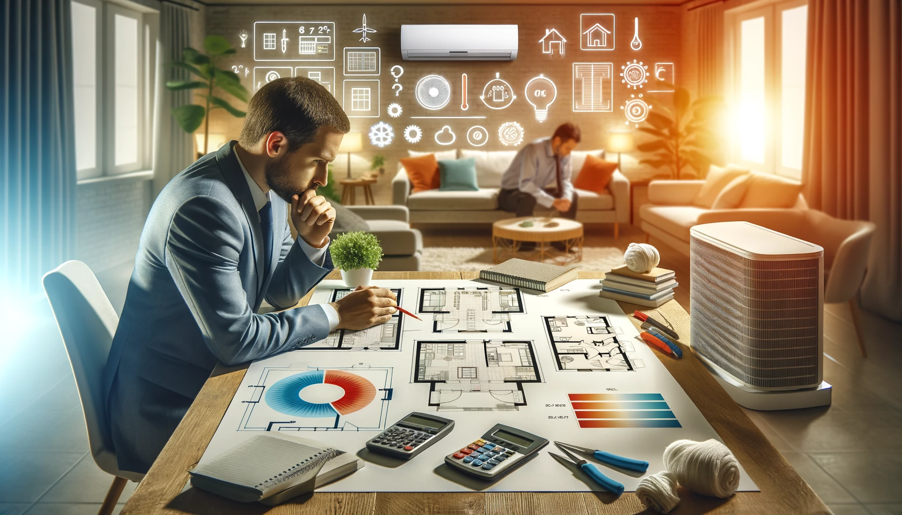 Propriétaire évaluant les besoins en climatisation de sa maison avec des aides visuelles.