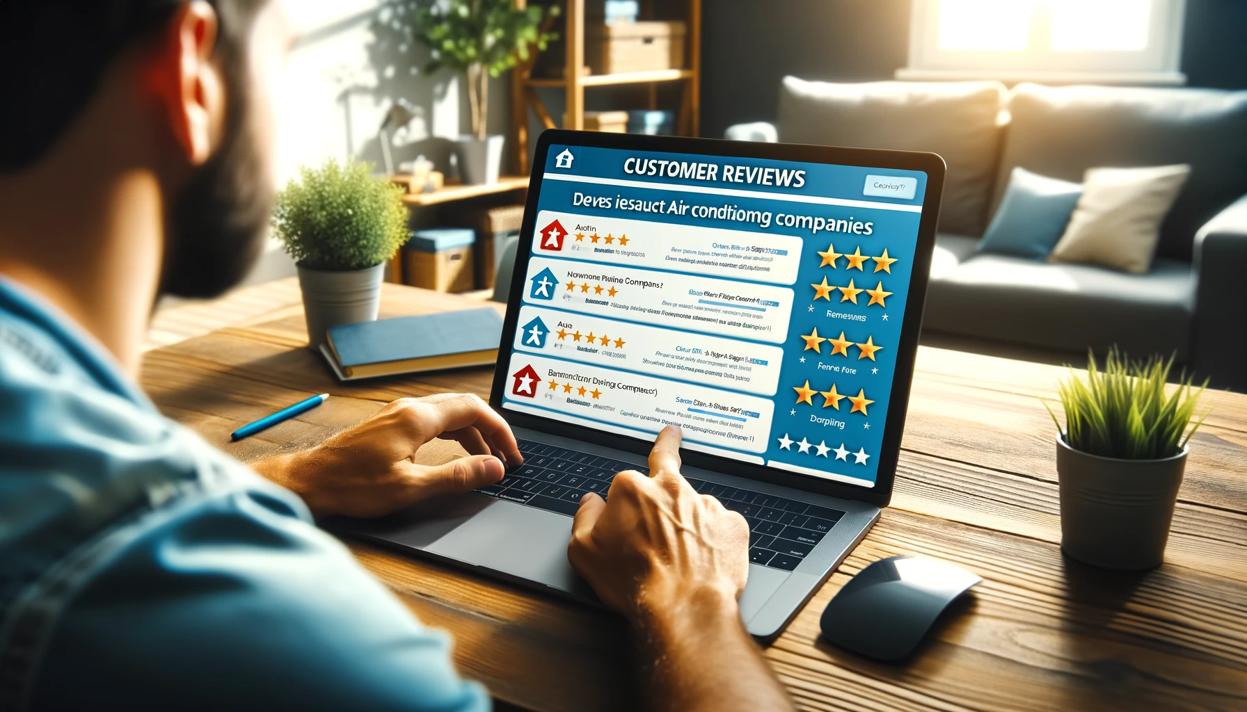Propriétaire consultant les avis clients sur un ordinateur, avec des évaluations et retours sur des entreprises de climatisation.
