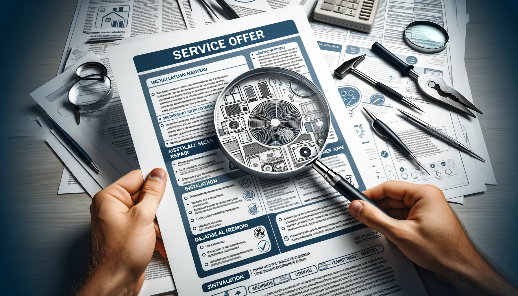 Offre de service détaillée d'une entreprise de climatisation, avec une loupe pour souligner l'analyse.