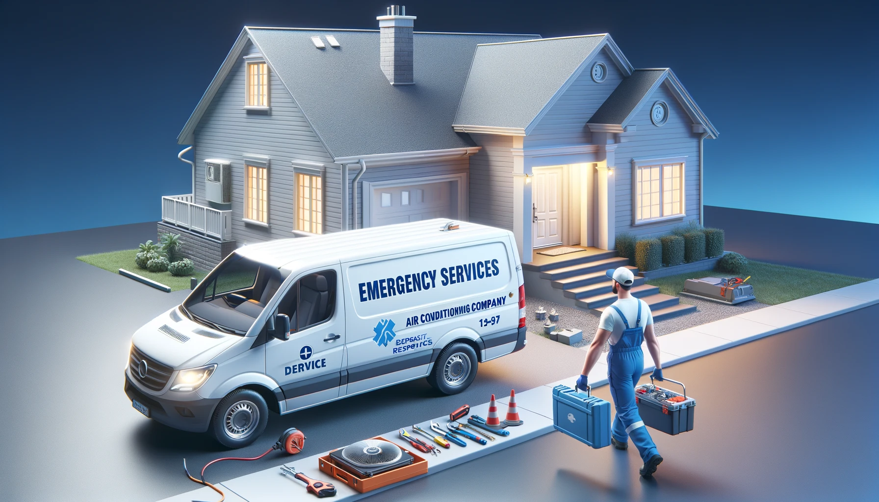 Camionnette de service marquée "Services d'Urgence" devant une maison, avec un technicien se dirigeant vers l'habitation.