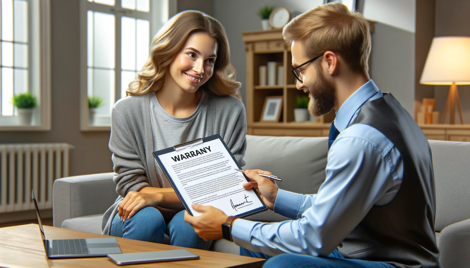 Propriétaire discutant des détails de la garantie et du service après-vente avec un représentant d'une entreprise de climatisation.