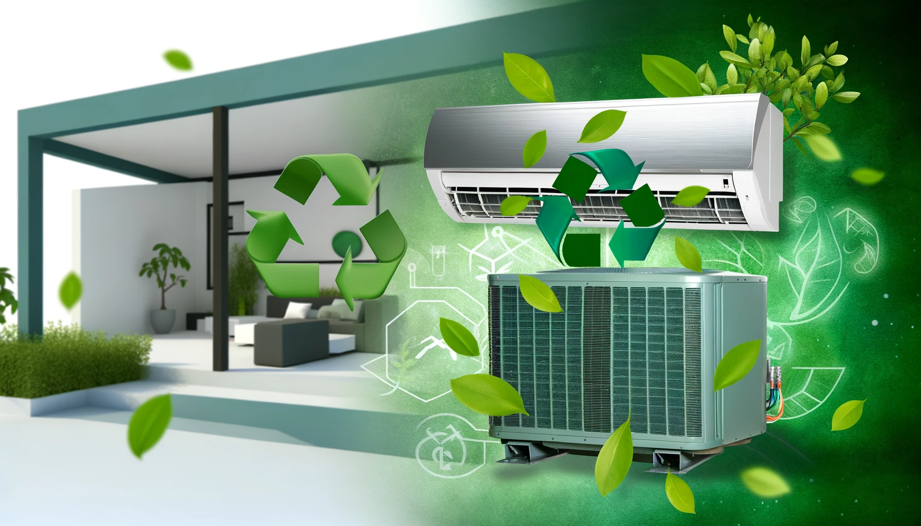 Unité de climatisation écoénergétique avec symboles de durabilité, soulignant l'engagement de l'entreprise envers la protection de l'environnement.