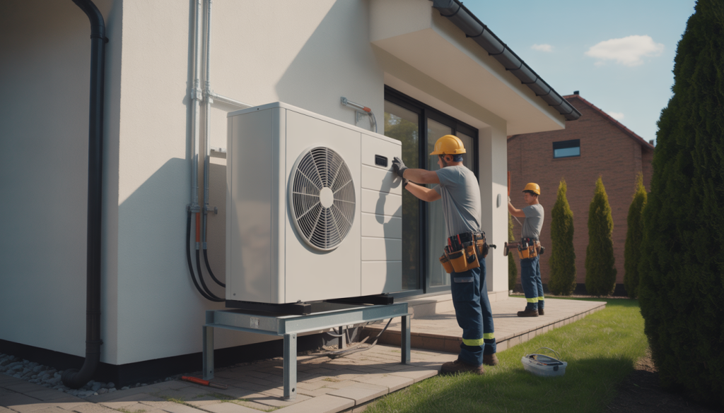Équipe de techniciens installant une pompe à chaleur sur une façade de maison avec outils et équipements de sécurité en plein jour