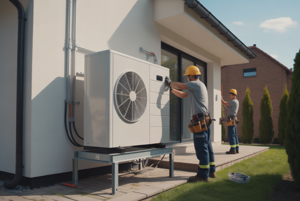 Équipe de techniciens installant une pompe à chaleur sur une façade de maison avec outils et équipements de sécurité en plein jour