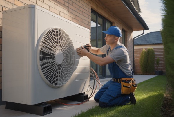 Technicien chauffagiste qualifié travaillant sur un système de pompe à chaleur chez un client résidentiel.