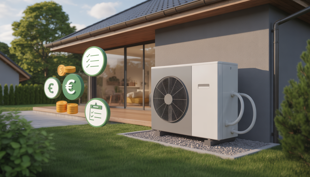 Pompe à chaleur entourée de symboles d'aides financières gouvernementales.