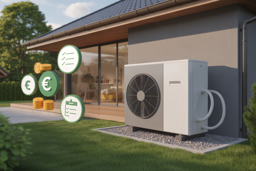 Pompe à chaleur entourée de symboles d'aides financières gouvernementales.