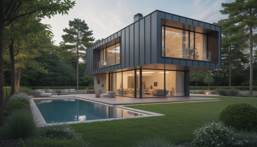 Maison moderne écologique avec pompe à chaleur, vue extérieure de jour