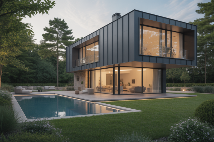 Maison moderne écologique avec pompe à chaleur, vue extérieure de jour