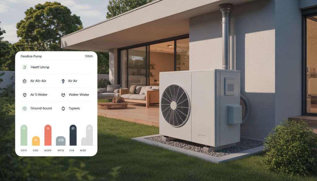 Photo réaliste d'une pompe à chaleur installée à l'extérieur d'une maison moderne de 100m², avec détails visibles et jardin