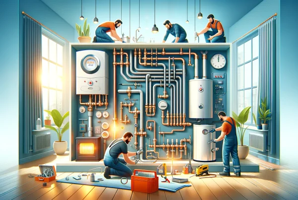 Équipe de techniciens professionnels travaillant sur un système de chauffage et des installations de plomberie dans un cadre résidentiel.