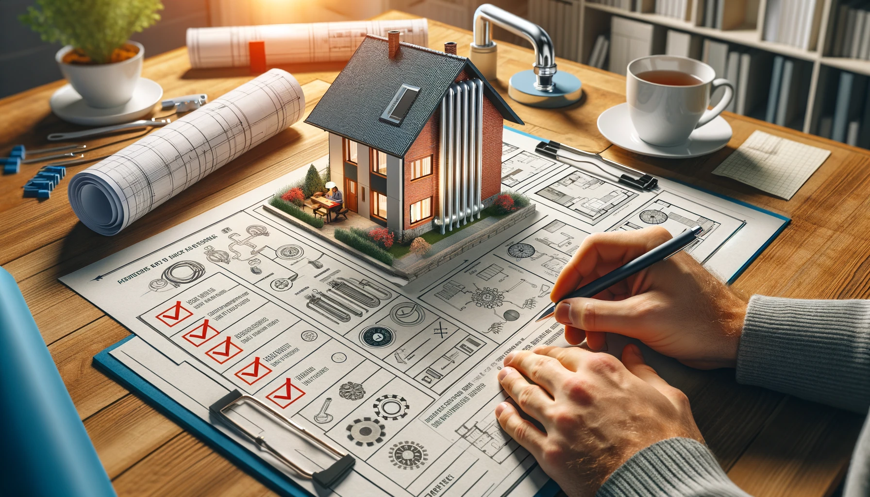 Propriétaire analysant les besoins de chauffage et de plomberie de sa maison avec une liste de vérification.
