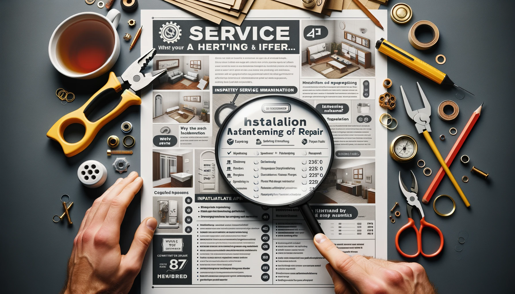 Document détaillé d'offre de service d'une entreprise de chauffage et plomberie, avec une loupe pour une analyse approfondie.