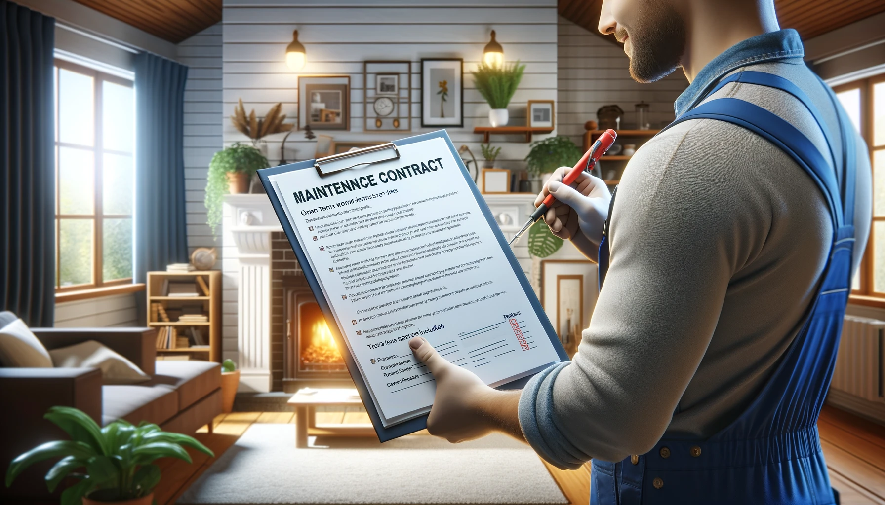 Technicien professionnel présentant un contrat de maintenance à un propriétaire.