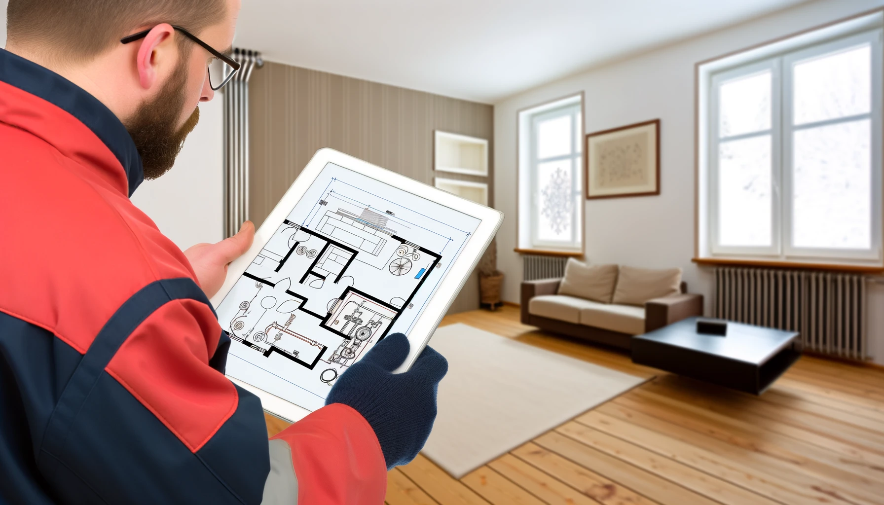 Propriétaire et technicien discutant du plan d'installation d'un nouveau système de chauffage et plomberie dans le salon du propriétaire.