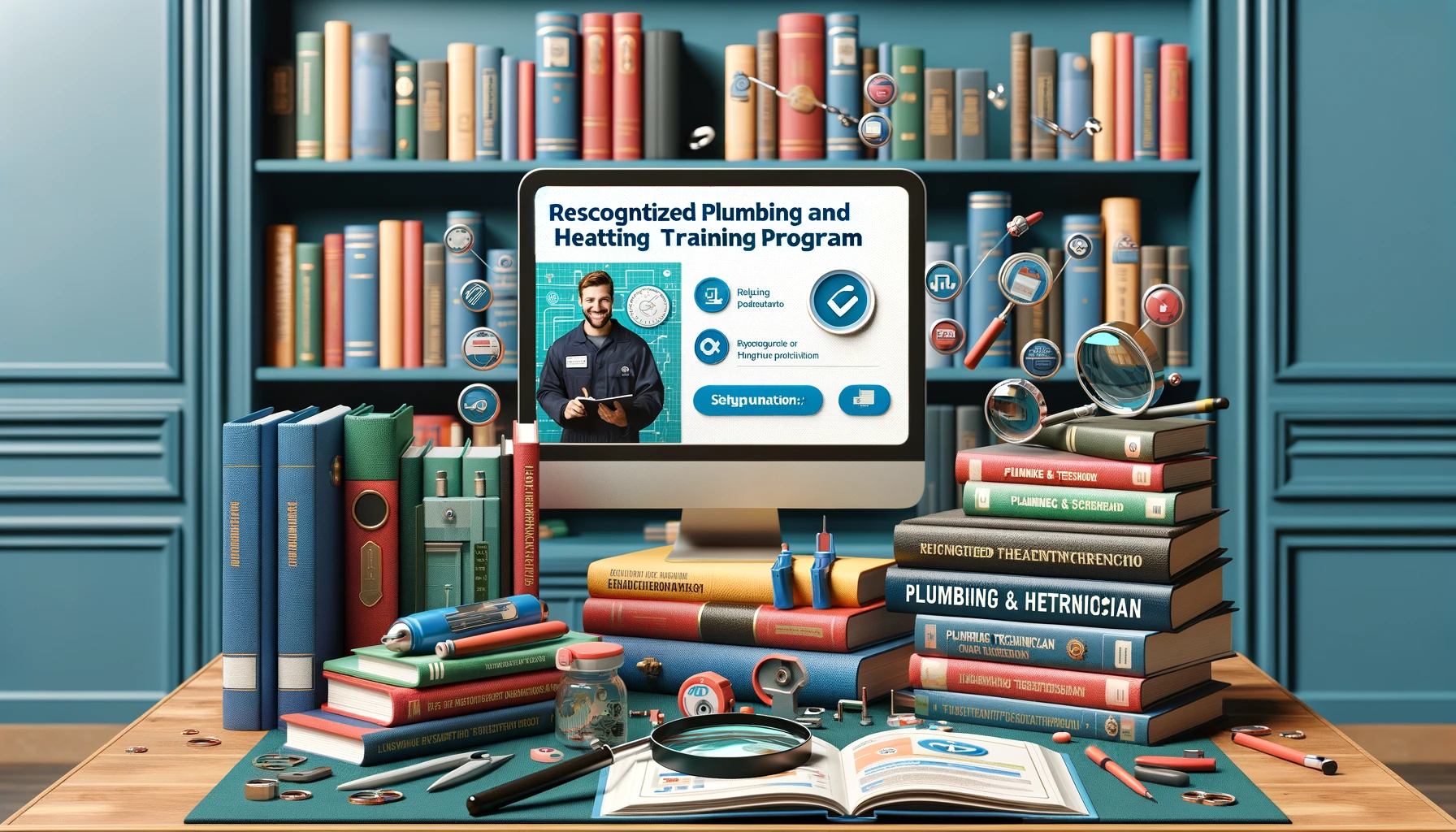 Étudiant heureux recherchant parmi diverses brochures éducatives et un écran numérique des programmes de formation pour plombiers et chauffagistes reconnus.