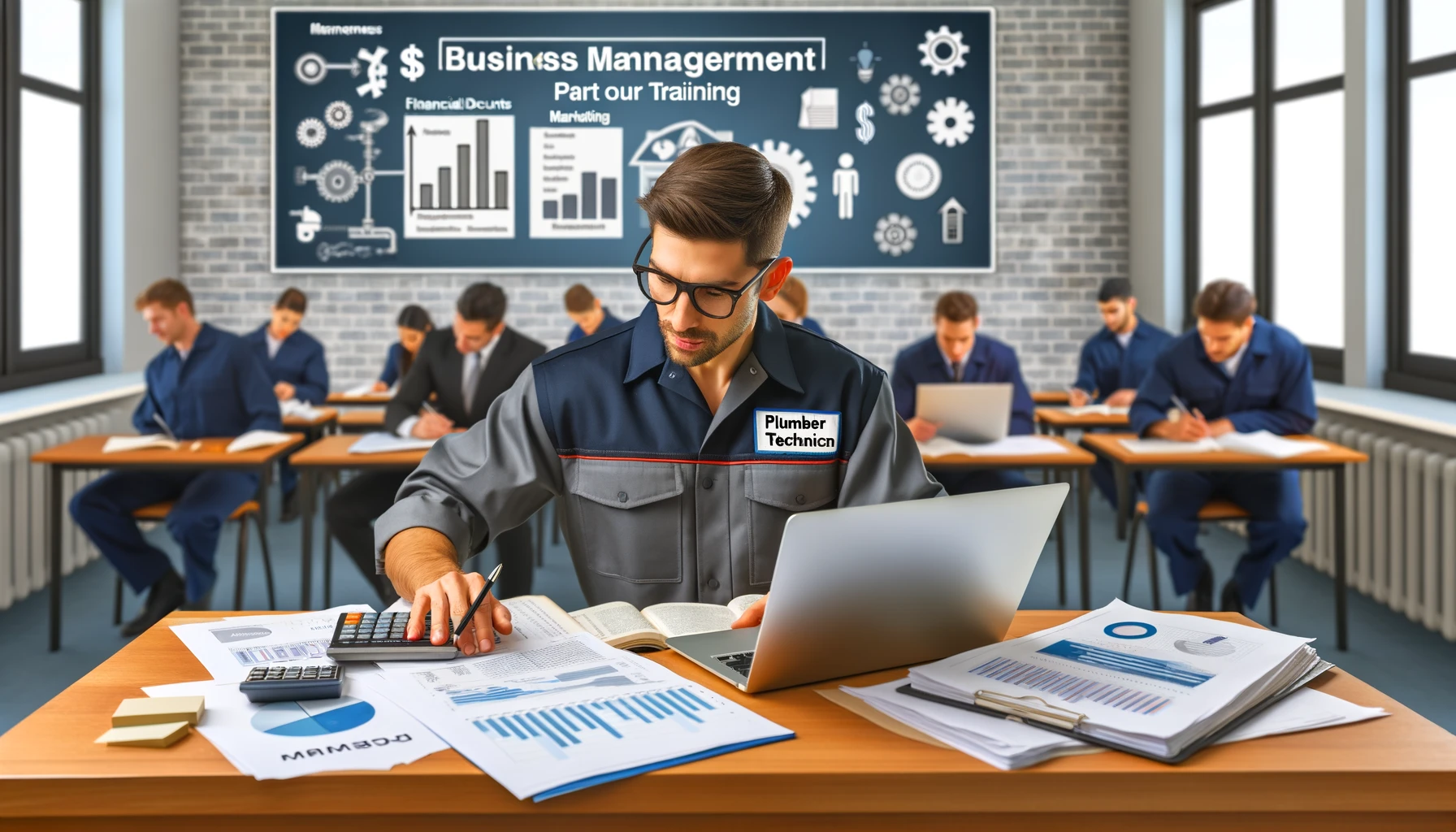 Technicien plombier chauffagiste apprenant les compétences en gestion d'entreprise.