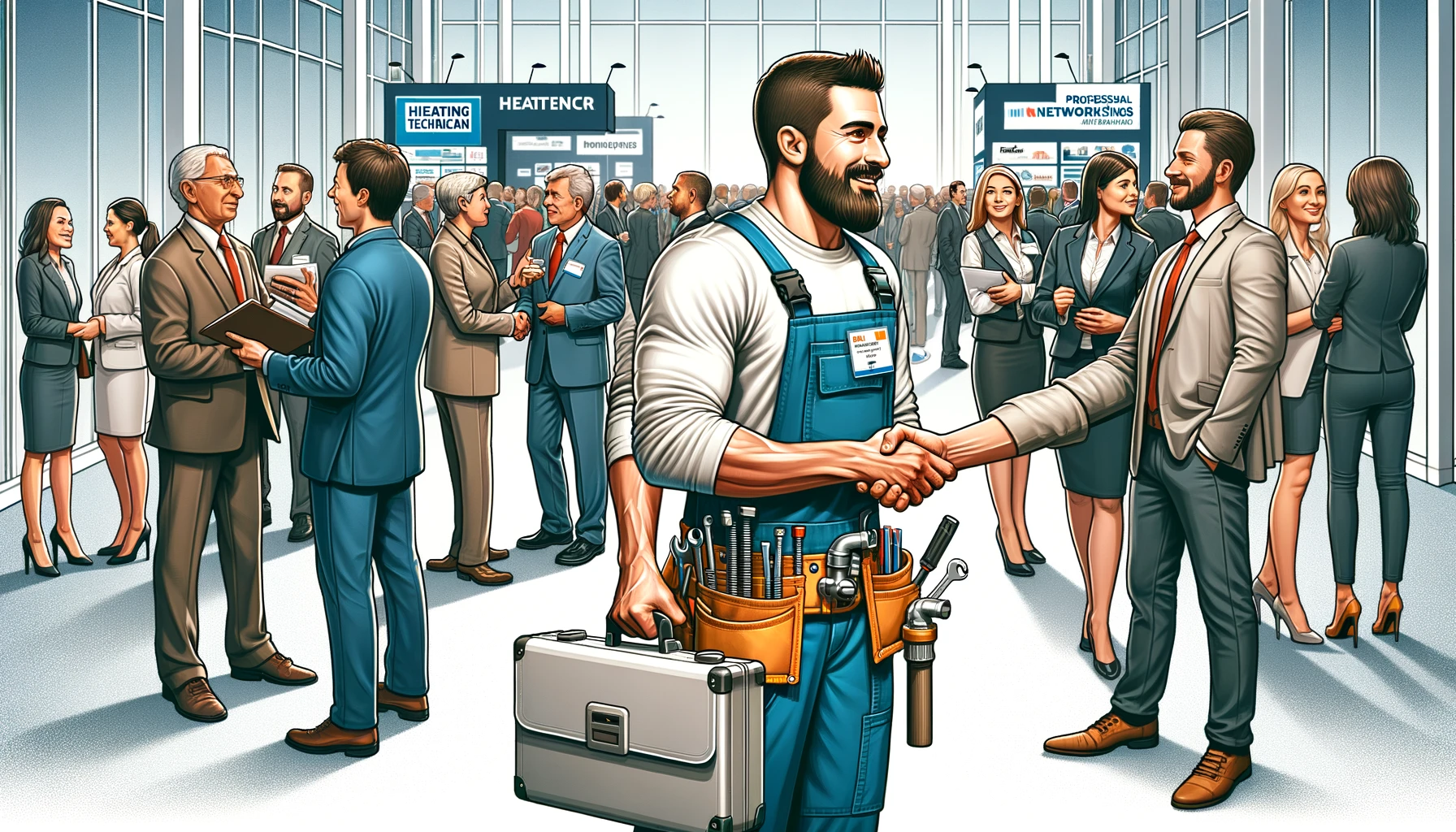 Technicien plombier chauffagiste en réseautage avec d'autres professionnels lors d'une conférence.