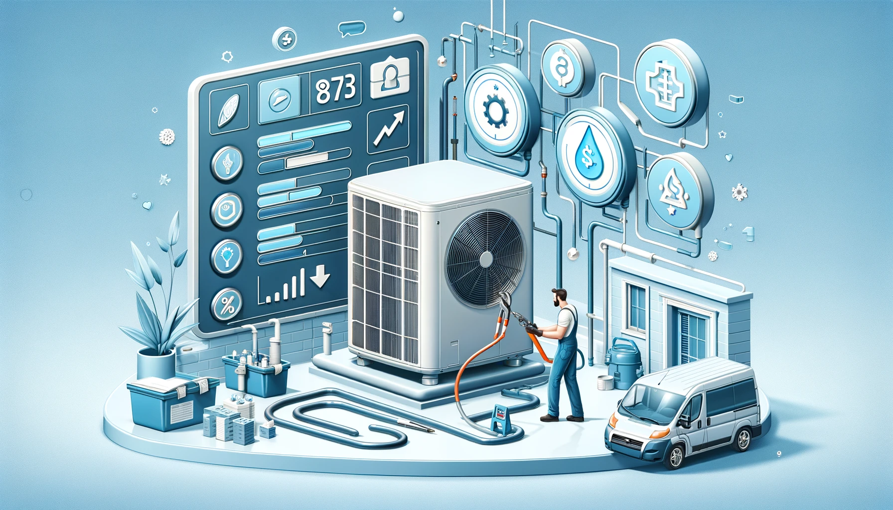 Technicien effectuant l'entretien annuel d'une pompe à chaleur, avec des icônes indiquant les coûts de maintenance associés.