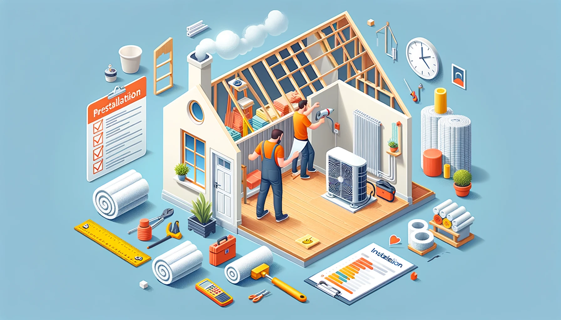 Propriétaire préparant sa maison pour l'installation d'une pompe à chaleur, vérifiant l'isolation et nettoyant l'espace d'installation.