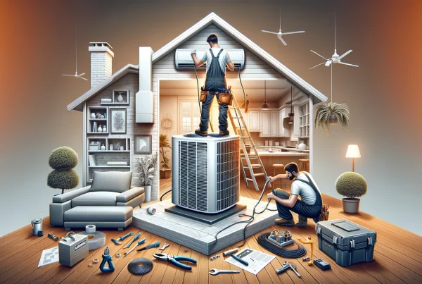 Installateur professionnel travaillant sur l'installation d'une unité de climatisation dans un cadre résidentiel.