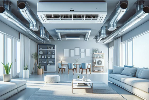 Système de climatisation gainable intégré discrètement dans un plafond faux, avec des bouches d'air réparties dans diverses pièces.