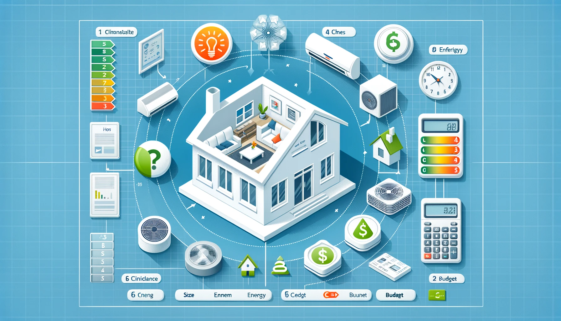 Graphique informatif illustrant les critères clés pour choisir un système de climatisation gainable, incluant la taille de la maison, les besoins énergétiques et le budget.