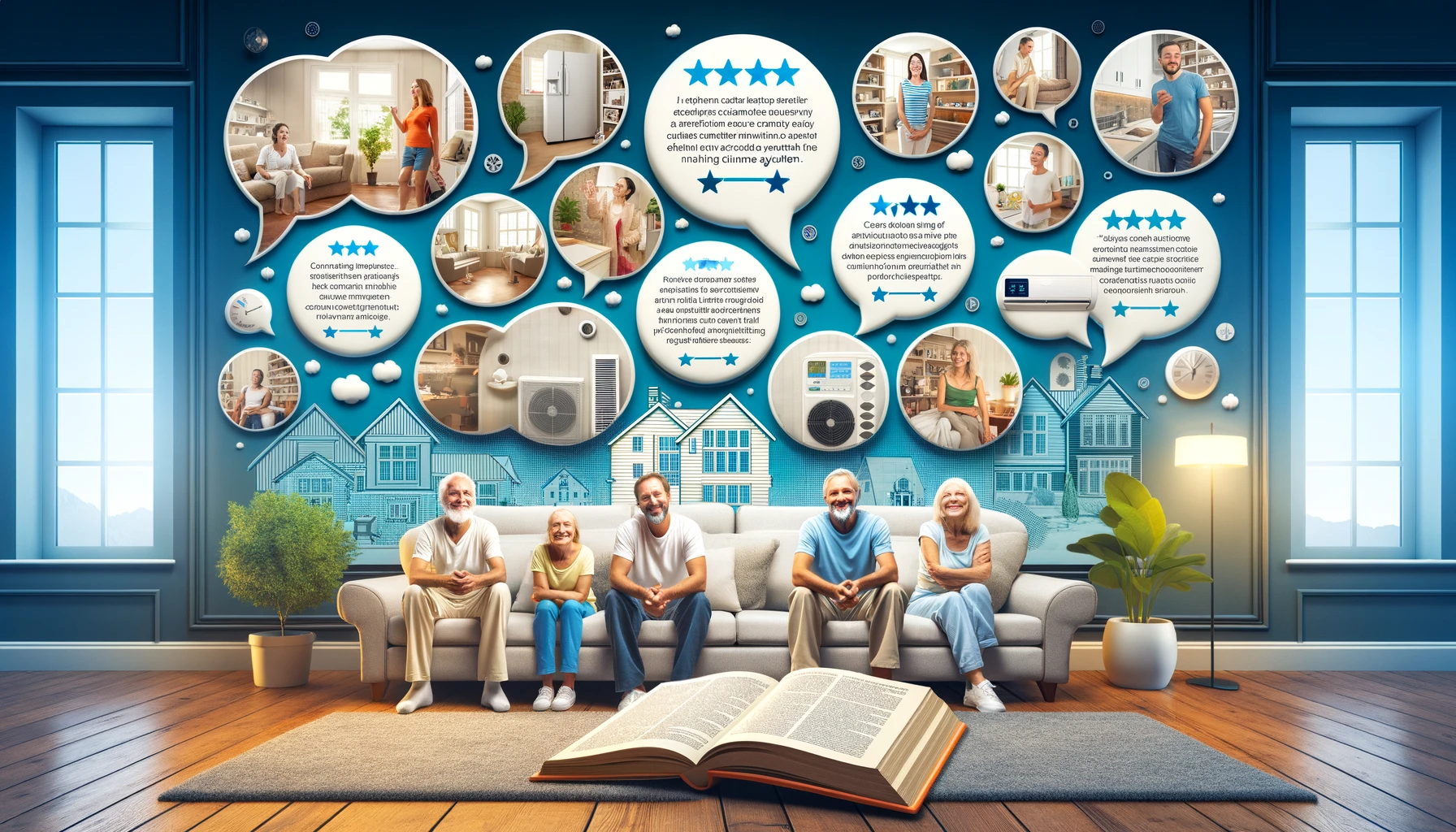 Collage de propriétaires satisfaits dans leurs maisons confortables, avec des bulles de citation exprimant la satisfaction envers leur système de contrôle climatique.
