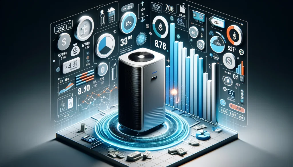 Unité moderne de pompe à chaleur air-eau avec éléments graphiques suggérant l'abordabilité et les économies d'énergie.