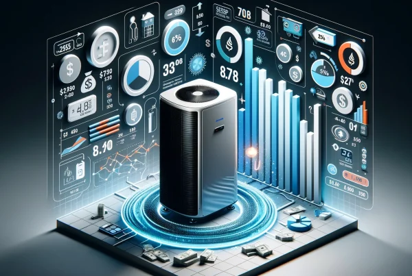 Unité moderne de pompe à chaleur air-eau avec éléments graphiques suggérant l'abordabilité et les économies d'énergie.