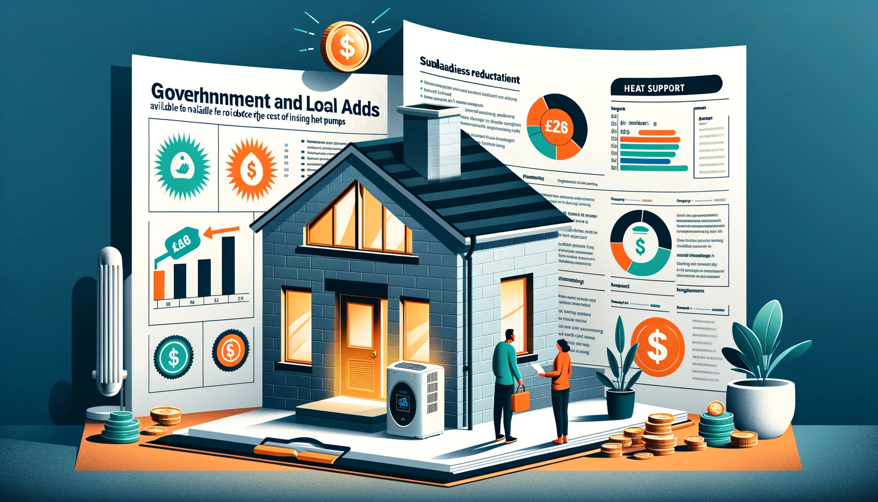 Un couple examinant des graphiques informatifs sur les aides financières pour l'installation d'une pompe à chaleur à la maison.
