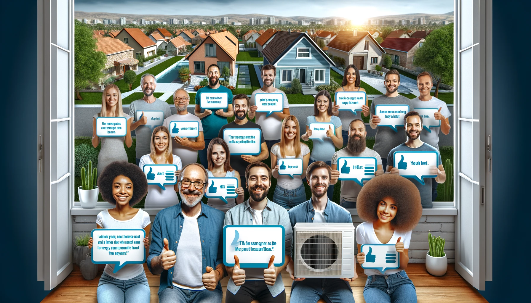Un groupe diversifié de propriétaires partageant leurs expériences positives avec les pompes à chaleur air-eau, affichant des citations positives.