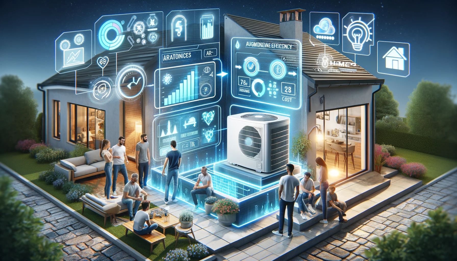 Propriétaires discutant autour d'une pompe à chaleur avec des affichages en réalité augmentée montrant les dernières innovations technologiques.