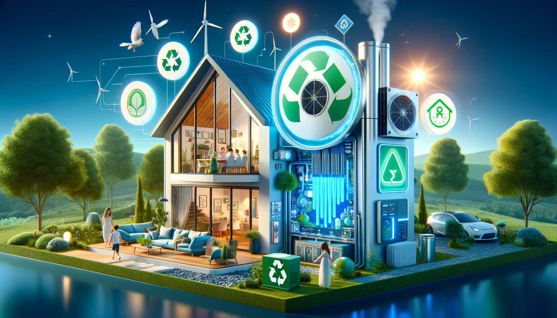 Maison futuriste et écologique alimentée par une pompe à chaleur air-eau, avec une famille heureuse et des symboles de durabilité.