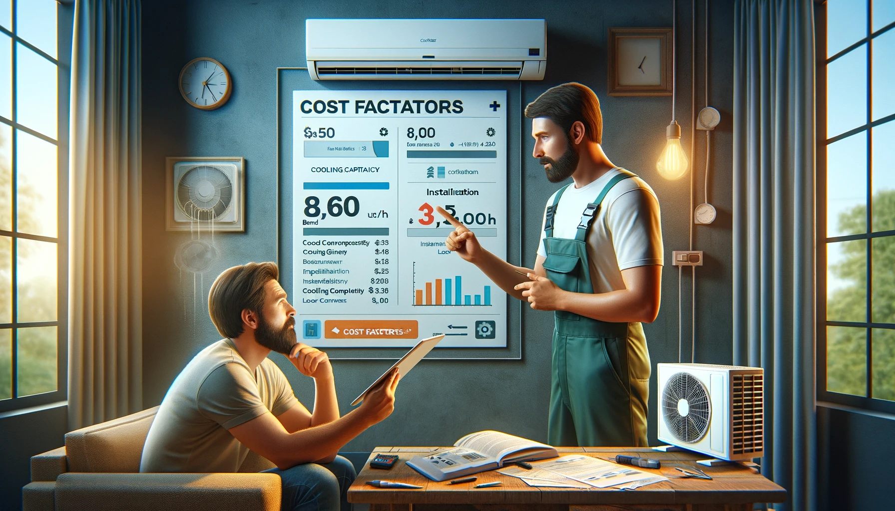 Un technicien en climatisation explique les facteurs de coût à un client dans un salon équipé d'un split de climatisation.