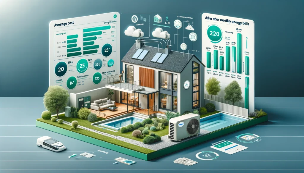 Infographie en orientation paysage illustrant le coût et les bénéfices d'installer une pompe à chaleur air-air dans une maison de 120m². Inclut des représentations d'une pompe à chaleur, des graphiques sur l'efficacité énergétique, et une comparaison des factures énergétiques avant et après installation, le tout en nuances de vert et bleu symbolisant l'efficacité et la pureté de l'air.