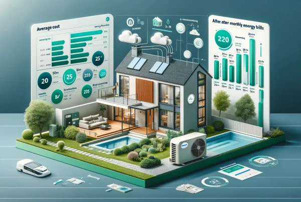 Infographie en orientation paysage illustrant le coût et les bénéfices d'installer une pompe à chaleur air-air dans une maison de 120m². Inclut des représentations d'une pompe à chaleur, des graphiques sur l'efficacité énergétique, et une comparaison des factures énergétiques avant et après installation, le tout en nuances de vert et bleu symbolisant l'efficacité et la pureté de l'air.