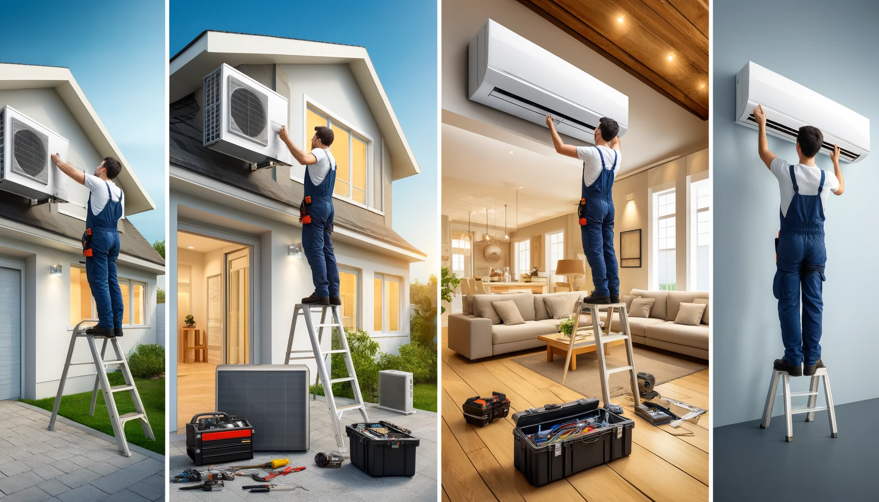 Technicien en tenue de travail installant avec compétence une unité de climatisation extérieure, assorti d'un éventail d'outils de spécialiste.