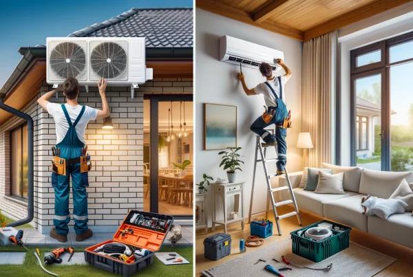 Dans un salon lumineux et contemporain, un technicien installe une unité de climatisation murale, assurant une intégration esthétique et pratique.