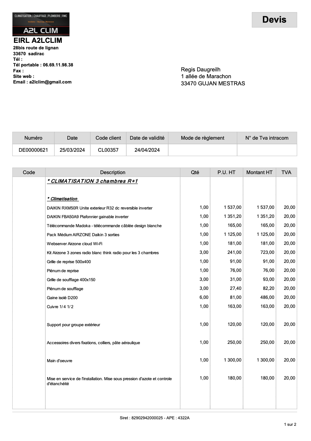 Voilà un exemple de devis pour une climatisation avec système Airzone