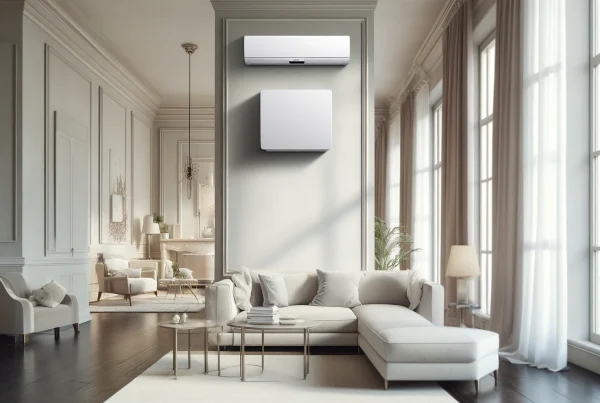 Une unité de climatisation moderne et discrète montée haut sur un mur clair dans un salon élégamment décoré, capturant l'essence d'un espace de vie moderne et confortable. L'accent est mis sur la façon dont l'appareil s'intègre harmonieusement à l'intérieur, offrant une solution de refroidissement efficace sans perturber l'esthétique de la pièce.