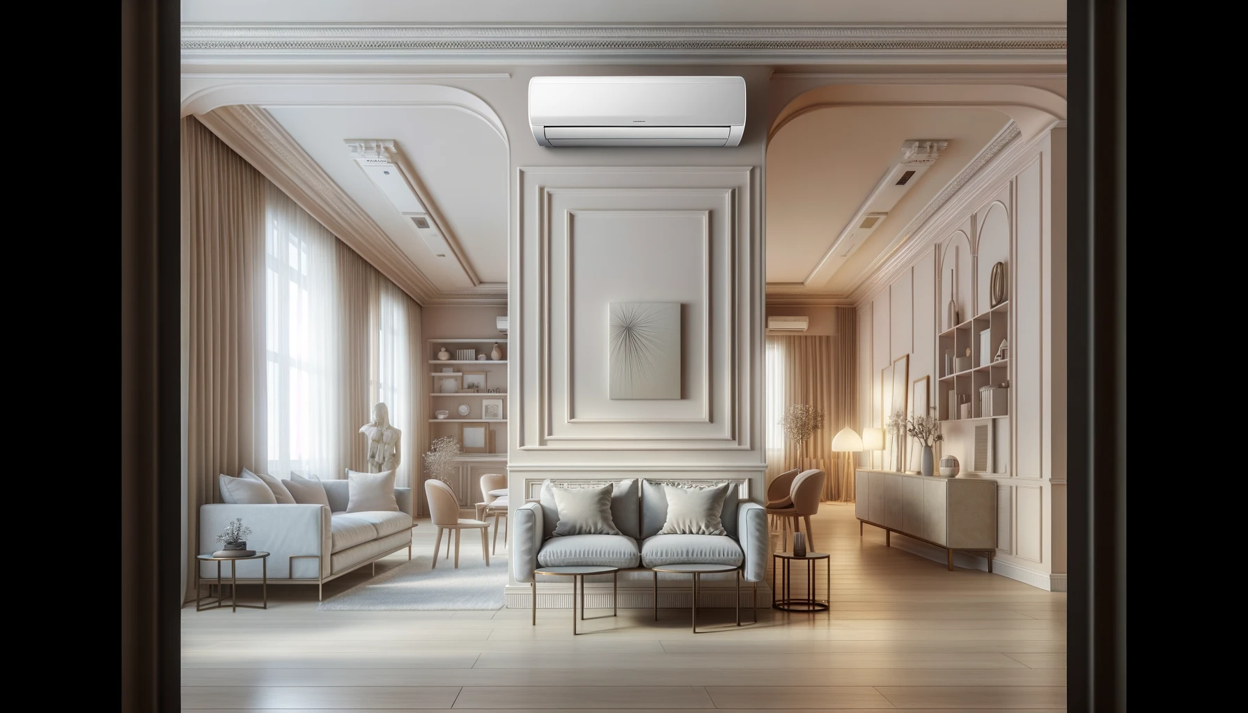 Un petit climatiseur intérieur moderne intégré avec élégance dans un salon spacieux à la décoration contemporaine et classique. L'unité est à peine visible, montée sur un mur, illustrant parfaitement comment la technologie moderne peut s'harmoniser avec le design intérieur pour créer un environnement confortable et stylé.