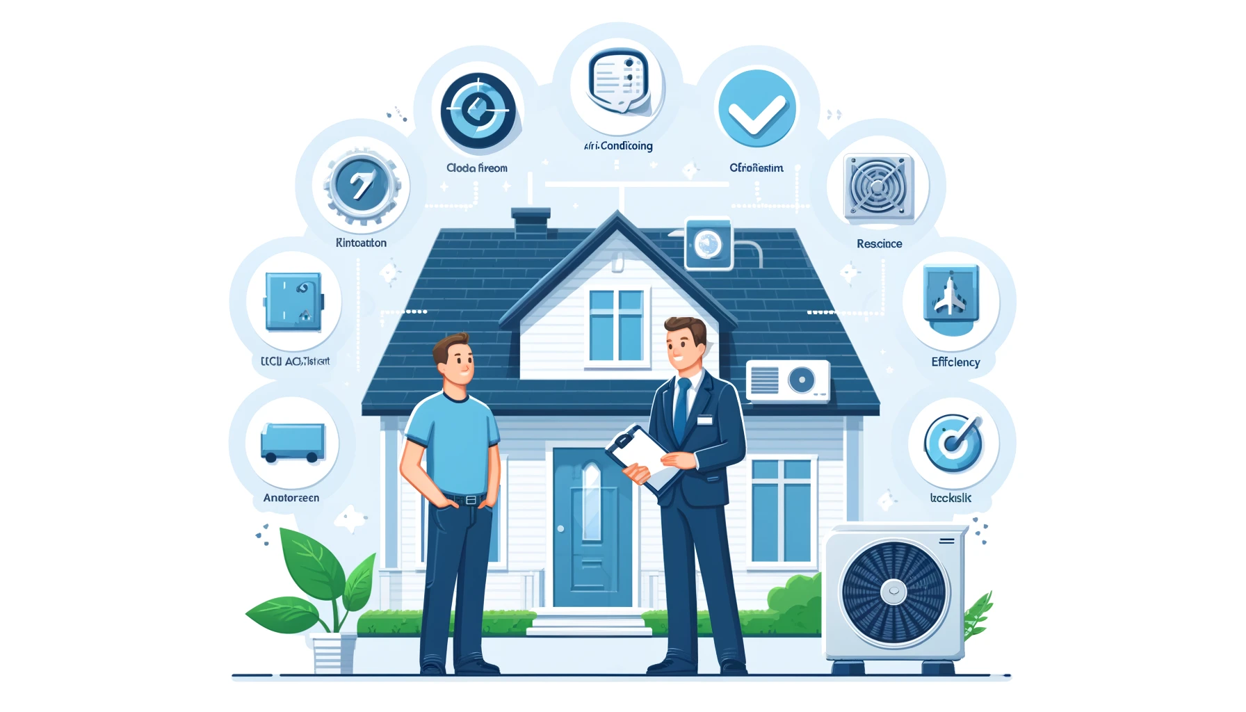 Un technicien et un client discutant du devis pour une installation de climatisation devant une maison avec une unité AC extérieure.