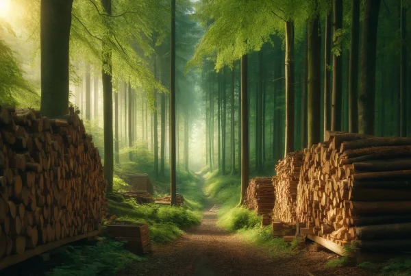 Un tas de bois de chauffage soigneusement empilé dans une forêt verdoyante par une matinée brumeuse d'automne, éclairé par la lumière douce du soleil à travers les arbres.