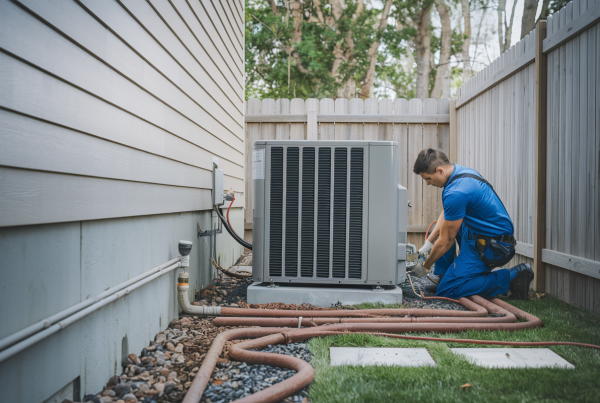 Technicien installant une unité de pompe à chaleur près d'une maison