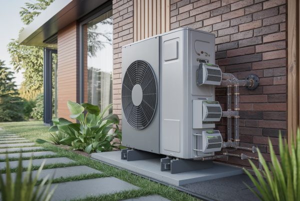 Pompe à chaleur moderne fixée sur un mur en briques avec tuyaux visibles, devant une maison contemporaine en bois