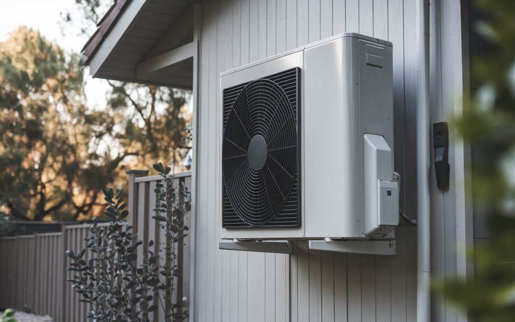 Photographie d'une pompe à chaleur air-air moderne installée sur la façade d'une maison, entourée d'arbres et d'une clôture.