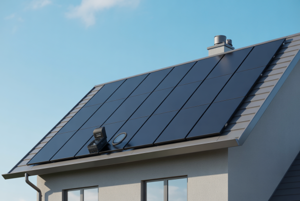 Modern solar panels installed on a house roof under a clear blue sky